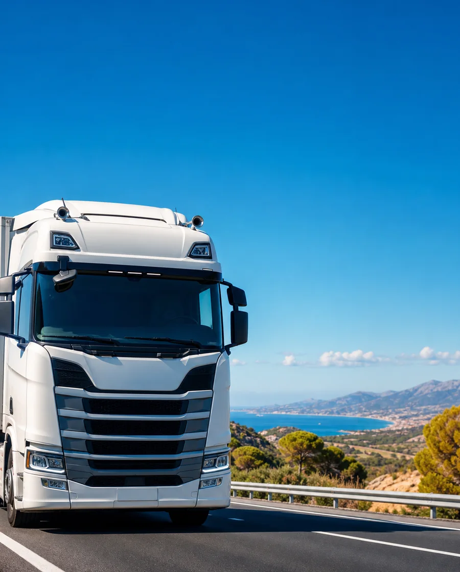 Camion logistique premium sur une autoroute européenne sous un ciel bleu