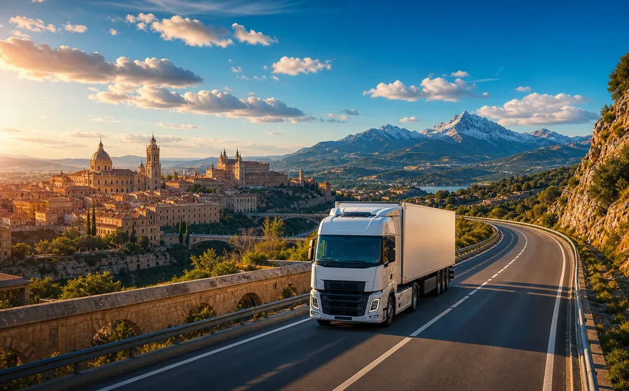 Camion de transport premium sur une route montagneuse entre Madrid et Lyon