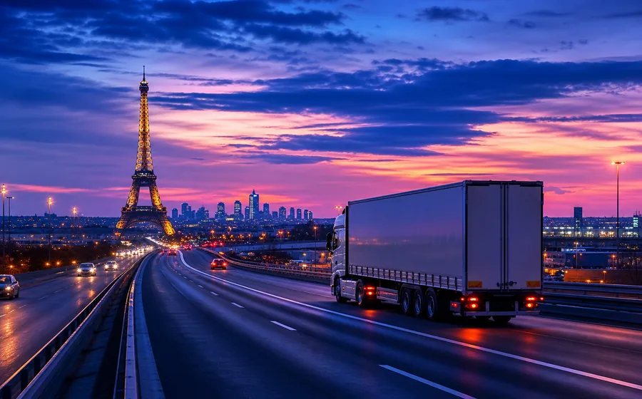 Camion logistique de nuit sur un corridor autoroutier européen au départ de Paris