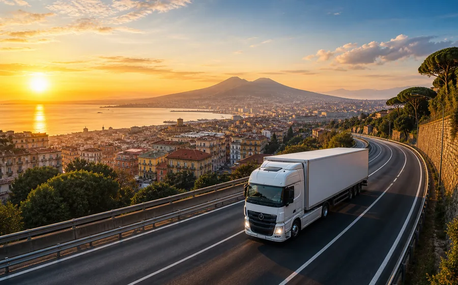 Camion de fret sur une autoroute panoramique entre Rome et Naples au lever du soleil